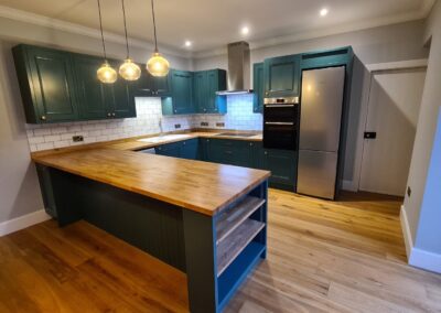 Bespoke hand made and finished kitchen with solid oak worktops and brushed and oiled solid oak flooring