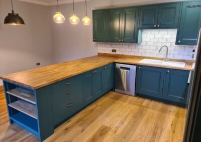 Bespoke hand made and finished kitchen with solid oak worktops and brushed and oiled solid oak flooring
